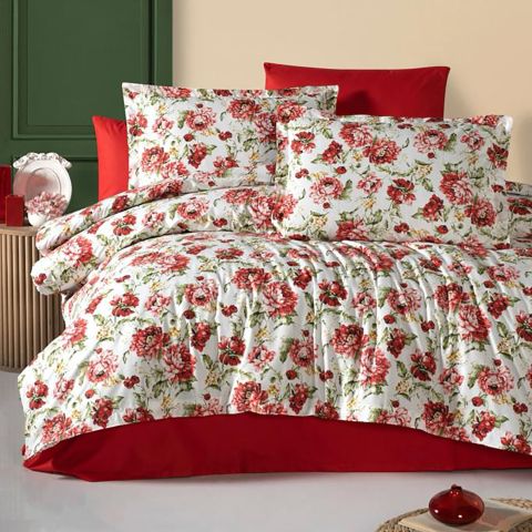 Lenjerie pat dublu Bumbac 100% Ranforce 4 piese extra large, cearsaf pat 240x260 cm, pilota 200x220 cm, 2 fete perne 50x70 cm, Rosu / Alb RNF_26