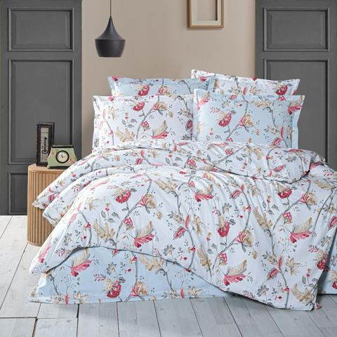 Lenjerie pat dublu Bumbac 100% Ranforce 4 piese extra large, cearsaf pat 240x260 cm, pilota 200x220 cm, 2 fete perne 50x70 cm, Albastru / Rosu RNF_29