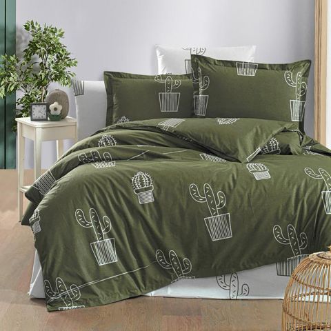 Lenjerie pat dublu Bumbac 100% Ranforce 4 piese extra large, cearsaf pat 240x260 cm, pilota 200x220 cm, 2 fete perne 50x70 cm, Verde / Alb RNF_34