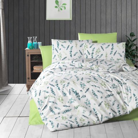 Lenjerie pat dublu Bumbac 100% Ranforce 4 piese extra large, cearsaf pat 240x260 cm, pilota 200x220 cm, 2 fete perne 50x70 cm, Verde / Alb RNF_41