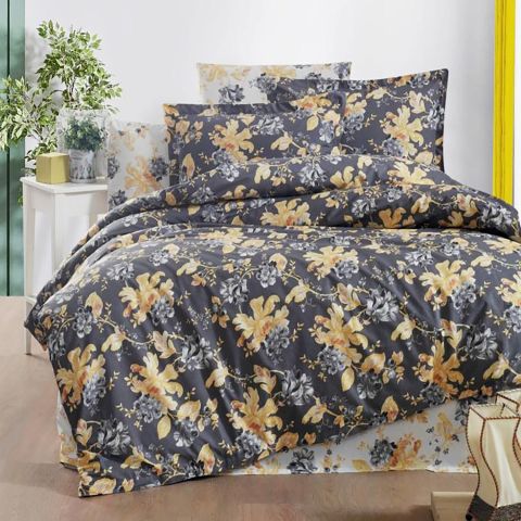 Lenjerie pat dublu Bumbac 100% Ranforce 4 piese extra large, cearsaf pat 240x260 cm, pilota 200x220 cm, 2 fete perne 50x70 cm, Negru / Galben RNF_42