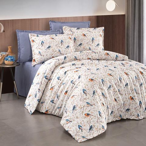 Lenjerie pat dublu Bumbac 100% Ranforce 4 piese extra large, cearsaf pat 240x260 cm, pilota 200x220 cm, 2 fete perne 50x70 cm, Alb / Albastru RNF_43