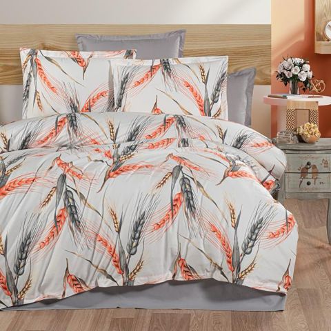 Lenjerie pat dublu Bumbac 100% Ranforce 4 piese extra large, cearsaf pat 240x260 cm, pilota 200x220 cm, 2 fete perne 50x70 cm, Portocaliu / Gri RNF_47