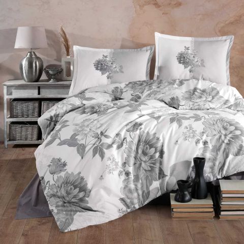 Lenjerie pat dublu Bumbac 100% Ranforce 4 piese extra large, cearsaf pat 240x260 cm, pilota 200x220 cm, 2 fete perne 50x70 cm, Alb / Gri ROHAN V1