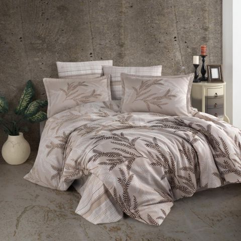 Lenjerie pat premium Lux Satin 100% Bumbac, 4 piese king size, cearsaf 240x260 cm, pilota 200x220 cm, 2 fete perne 50x70 cm, Bej Elegant, Alisa