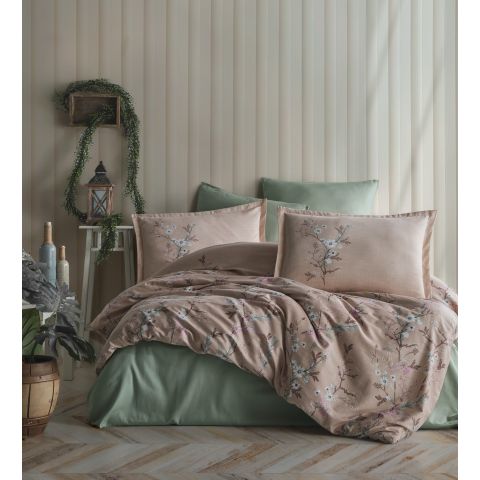 Lenjerie pat premium Lux Satin 100% Bumbac, 4 piese king size, cearsaf 240x260 cm, pilota 200x220 cm, 2 fete perne 50x70 cm, Bej Elegant, Barleta
