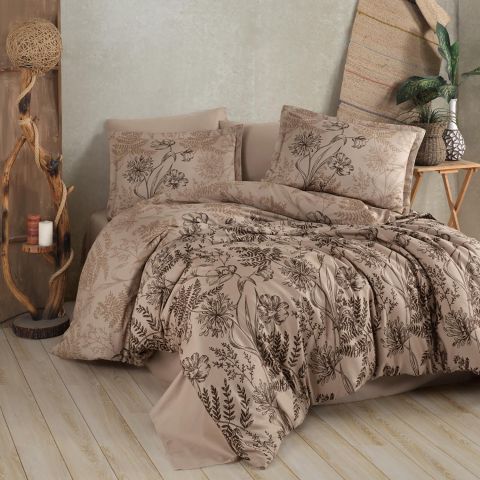 Lenjerie pat premium Lux Satin 100% Bumbac, 4 piese king size, cearsaf 240x260 cm, pilota 200x220 cm, 2 fete perne 50x70 cm, Maro Elegant, Le Pala