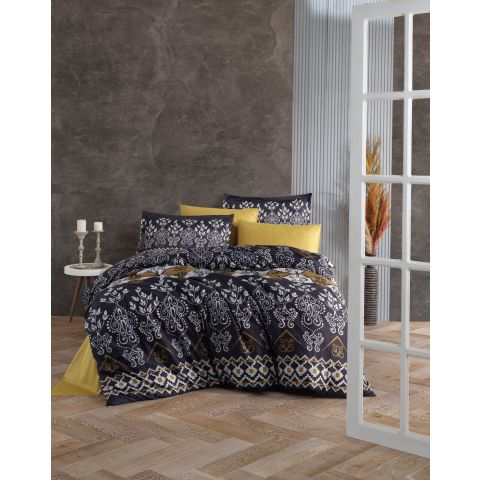 Lenjerie pat premium Lux Satin 100% Bumbac, 4 piese king size, cearsaf 240x260 cm, pilota 200x220 cm, 2 fete perne 50x70 cm, Negru Elegant, Leros