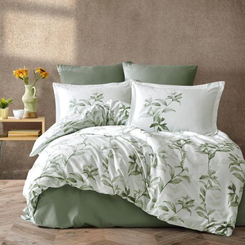 Lenjerie pat premium Lux Satin 100% Bumbac, 4 piese king size, cearsaf 240x260 cm, pilota 200x220 cm, 2 fete perne 50x70 cm, Verde Elegant, Mass V2