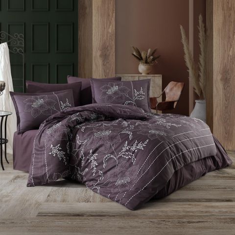 Lenjerie pat premium Lux Satin 100% Bumbac, 4 piese king size, cearsaf 240x260 cm, pilota 200x220 cm, 2 fete perne 50x70 cm, Mov Elegant, Moyo V1