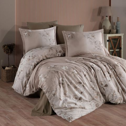 Lenjerie pat premium Lux Satin 100% Bumbac, 4 piese king size, cearsaf 240x260 cm, pilota 200x220 cm, 2 fete perne 50x70 cm, Maro Elegant, Sindarin V1