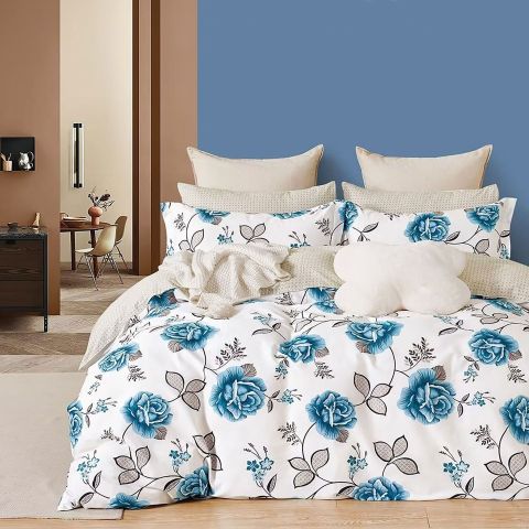Lenjerie de pat dublu king size Percalle imprimat Bumbac 100% 6 piese cearsaf pat 240x260 cm, pilota 200x230 cm, 2 fete perne 50x70 cm, 2 fete perne 70x70 cm Trandafiri Crem / Albastru, Pucioasa