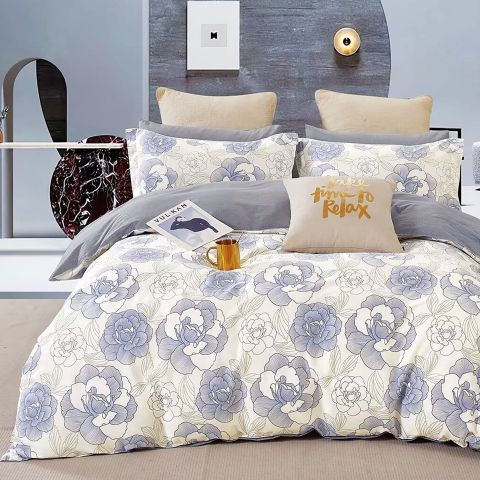 Lenjerie de pat dublu king size Percalle imprimat Bumbac 100% 6 piese cearsaf pat 240x260 cm, pilota 200x230 cm, 2 fete perne 50x70 cm, 2 fete perne 70x70 cm Eleganta Crem / Albastru, Pucioasa