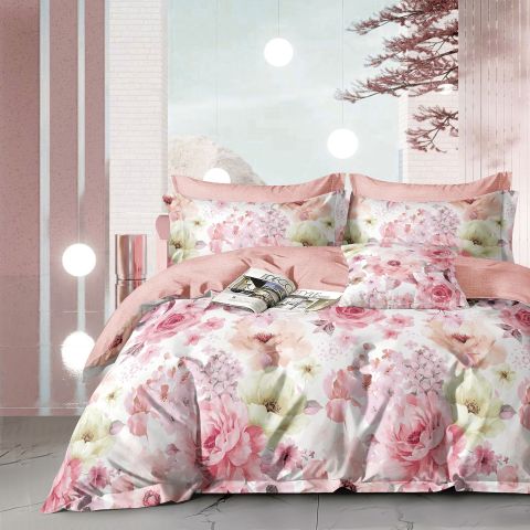 Lenjerie pat dublu extra large Percalle imprimat Bumbac 100%, 6 piese, cearsaf pat 240x260 cm, pilota 200x230 cm, 2 fete perna 50x70 cm si 70x70 cm, Floricele Roz, Pucioasa