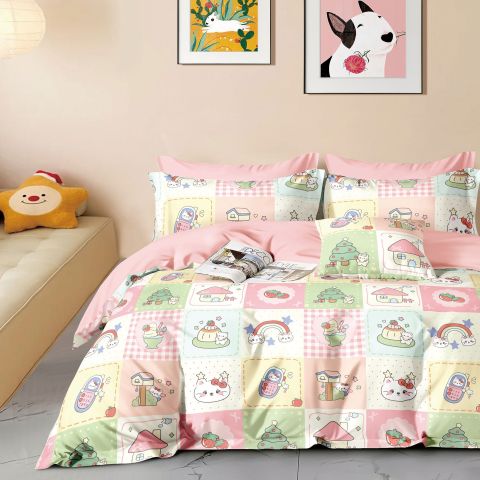 Lenjerie pat dublu extra large Percalle imprimat Bumbac 100%, 6 piese, cearsaf pat 240x260 cm, pilota 200x230 cm, 2 fete perna 50x70 cm si 70x70 cm, Imprimeu fetite Roz / Verde, Pucioasa