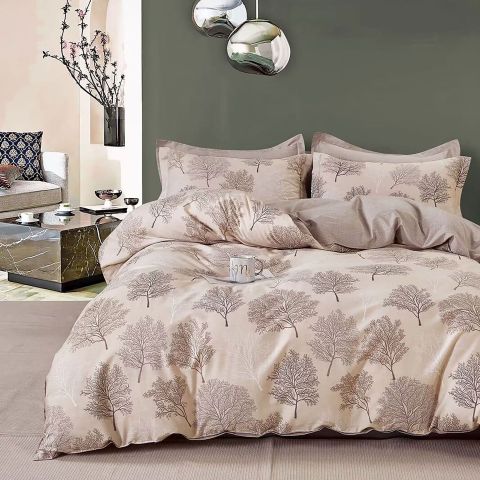 Lenjerie de pat dublu Percalle imprimat Bumbac 100% 4 piese cearsaf pat 240x260 cm, pilota 200x230 cm, 2 fete perne 50x70 cm, Copaci Bej, Pucioasa