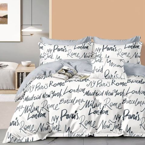 Lenjerie de pat dublu Percalle imprimat Bumbac 100% 4 piese cearsaf pat 240x260 cm, pilota 200x230 cm, 2 fete perne 50x70 cm, Imprimeu Modern Alb / Gri, Pucioasa