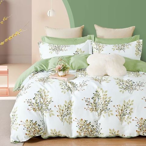 Lenjerie de pat dublu Percalle imprimat Bumbac 100% 4 piese cearsaf pat 240x260 cm, pilota 200x230 cm, 2 fete perne 50x70 cm, Copaci Alb / Verde, Pucioasa