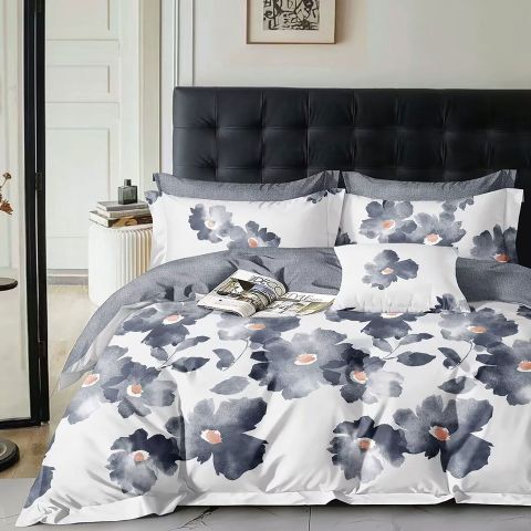 Lenjerie de pat dublu Percalle imprimat Bumbac 100% 4 piese cearsaf pat 240x260 cm, pilota 200x230 cm, 2 fete perne 50x70 cm, Imprimeu floral Alb / Gri, Pucioasa