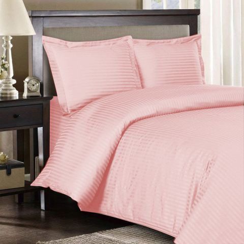 Lenjerie de pat dublu Damasc Bumbac 100% HoReCa gros cu dunga 1 cm, 4 piese, cearsaf pat 220x240 cm, cearsaf pilota 200x220 cm, 2 fete perne 50x70cm Roz Pudra