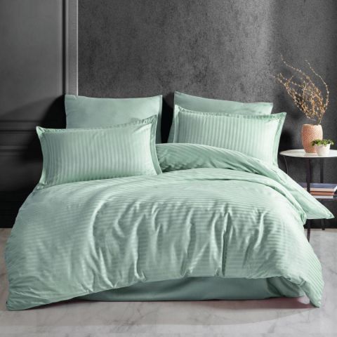 Lenjerie de pat dublu king size Damasc linear Bumbac 100% tip Hotel cu dunga 1 cm, 4 piese, cearsaf pat 240x260 cm, cearsaf pilota 200x230 cm, 2 fete perna 50x70 cm Verde Mint