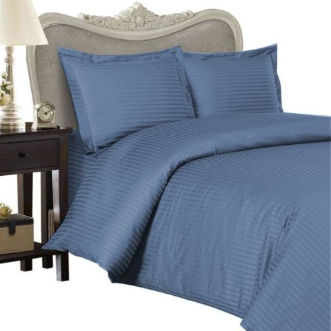 Lenjerie de pat dublu Damasc Policoton dunga 1 cm, 4 piese, cearsaf pat 220x230 cm, cearsaf pilota 180x220 cm, 2 fete perna 50x70 cm, Bleu