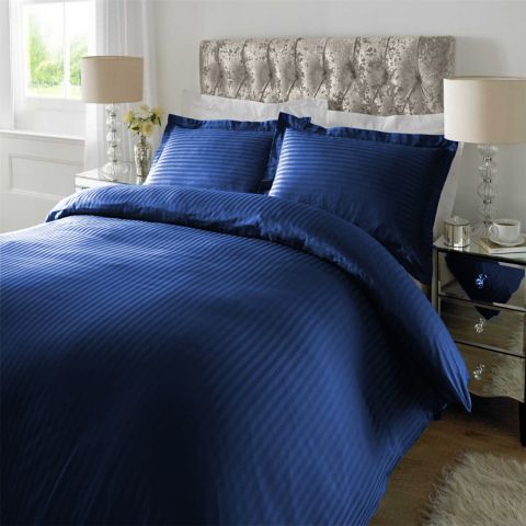 Lenjerie de pat dublu king size Damasc Policoton dunga 1 cm, 4 piese, cearsaf pat 230x260 cm, cearsaf pilota 200x230 cm, 2 fete perna 50x70 cm Albastru