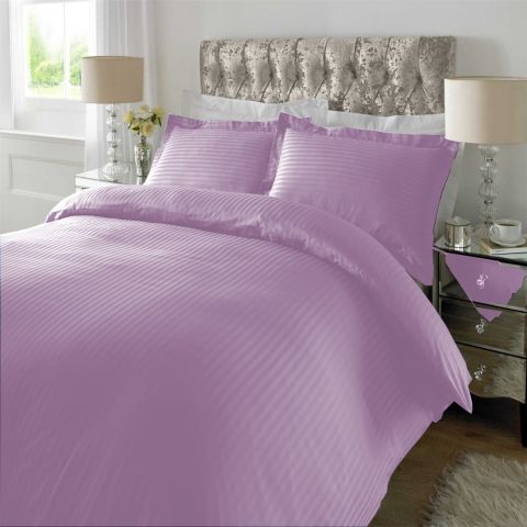 Lenjerie de pat dublu king size Damasc Policoton dunga 1 cm, 4 piese, cearsaf pat 230x260 cm, cearsaf pilota 200x230 cm, 2 fete perna 50x70 cm Lila