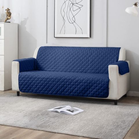 Husa canapea 3 locuri tip cuvertura matlasata 190x177 cm cu laterale, reversibila, Bleumarin