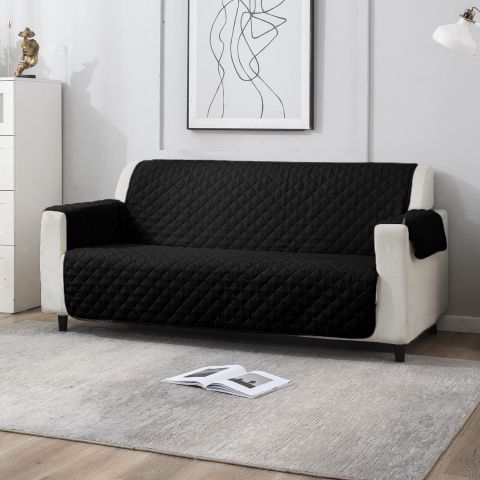 Husa canapea 3 locuri tip cuvertura matlasata 190x177 cm cu laterale, reversibila, Negru

