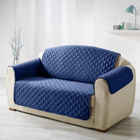 Husa canapea 2 locuri tip cuvertura matlasata 130x205 cm cu laterale, reversibila, Bleumarin