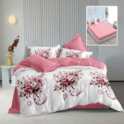 Lenjerie pat dublu Finet Bumbac 6 piese cu husa saltea 160x200 sau 180x200 cm, pilota 200x230 cm, 2 fete perna 50x70 si 70x70 cm, Alb-Roz, Pucioasa ASHLEY