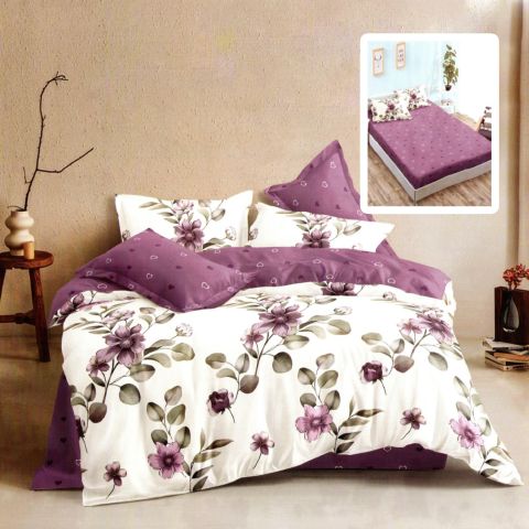 Lenjerie pat dublu Finet Bumbac 6 piese cu husa saltea 160x200 sau 180x200 cm, pilota 200x230 cm, 2 fete perna 50x70 si 70x70 cm, Crem / Mov, Pucioasa AUBREY-VH