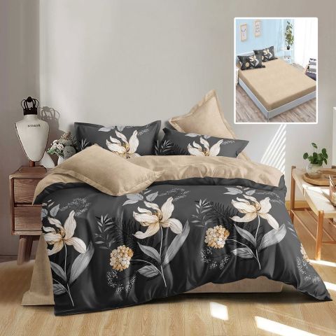 Lenjerie pat dublu Finet Bumbac 6 piese cu husa saltea 160x200 sau 180x200 cm, pilota 200x230 cm, 2 fete perna 50x70 si 70x70 cm, Bej-Negru, Pucioasa ELLA