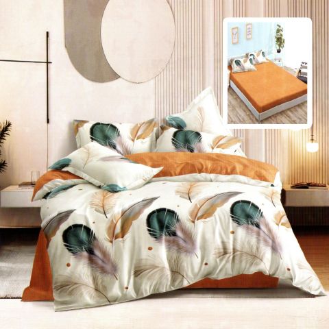 Lenjerie pat dublu Finet Bumbac 6 piese cu husa saltea 160x200 sau 180x200 cm, pilota 200x230 cm, 2 fete perna 50x70 si 70x70 cm, Crem / Portocaliu, Pucioasa GIANNA VH