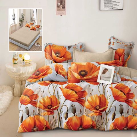 Lenjerie pat dublu Finet Bumbac 6 piese cu husa saltea 160x200 sau 180x200 cm, pilota 200x230 cm, 2 fete perna 50x70 si 70x70 cm, Bej-Portocaliu, Pucioasa HARPER