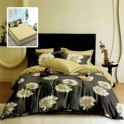 Lenjerie pat dublu Finet Bumbac 6 piese cu husa saltea 160x200 sau 180x200 cm, pilota 200x230 cm, 2 fete perna 50x70 si 70x70 cm, Galben-Negru, Pucioasa HF6P267