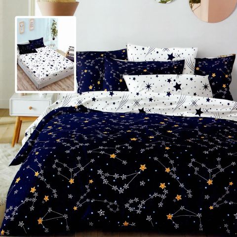Lenjerie pat dublu Finet Bumbac 6 piese cu husa saltea 160x200 sau 180x200 cm, pilota 200x230 cm, 2 fete perna 50x70 si 70x70 cm, Alb-Albastru, Pucioasa HF6P273