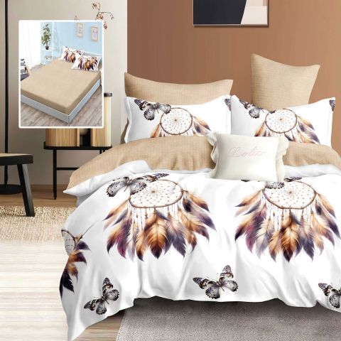 Lenjerie pat dublu Finet Bumbac 6 piese cu husa saltea 160x200 sau 180x200 cm, pilota 200x230 cm, 2 fete perna 50x70 si 70x70 cm, Alb-Bej, Pucioasa JESSICA