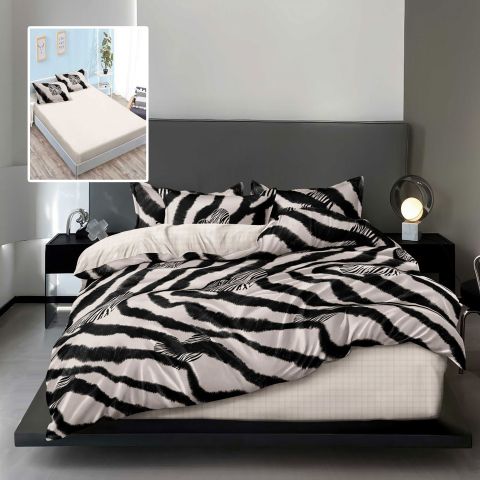 Lenjerie pat dublu Finet Bumbac 6 piese cu husa saltea 160x200 sau 180x200 cm, pilota 200x230 cm, 2 fete perna 50x70 si 70x70 cm, Bej-Negru, Pucioasa LILY