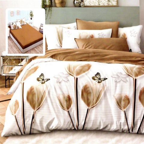 Lenjerie pat dublu Finet Bumbac 6 piese cu husa saltea 160x200 sau 180x200 cm, pilota 200x230 cm, 2 fete perna 50x70 si 70x70 cm, Bej, Pucioasa NATALIE