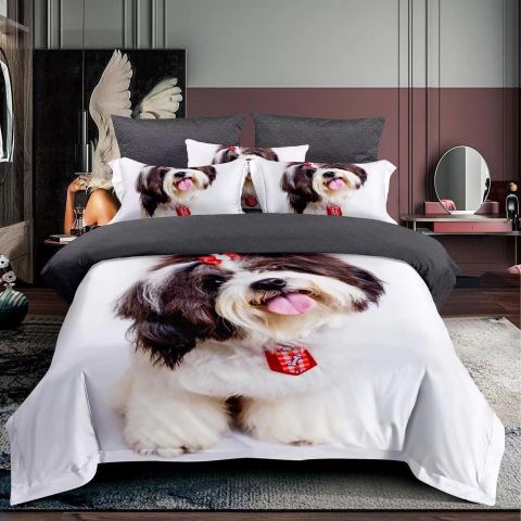 Lenjerie de pat 1 persoana bumbac Finet 3D 3 piese 160 x 230 cm, Catelusi, Gri, Pucioasa F1P35
