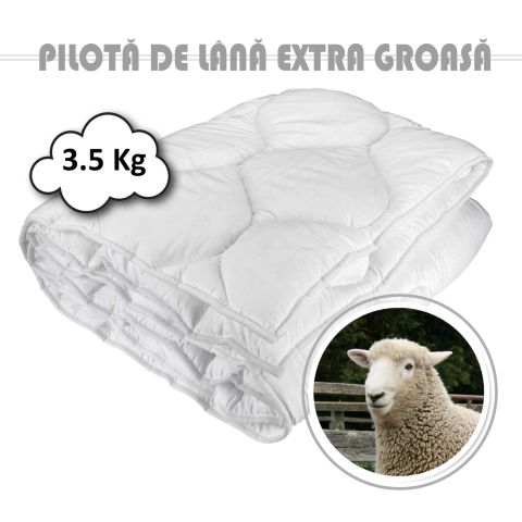 Pilota matlasata lana extra groasa 3,5 kg cu fata bumbac damasc Alb, 180x210 cm