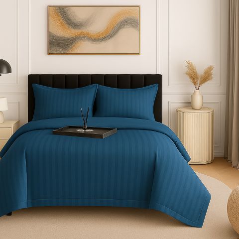 Lenjerie pat dublu XXL Damasc Policoton, cearsaf pat 230x260 cm, pilota 200x230 cm, 2 fete perne 50x70 cm, Albastru Petrol