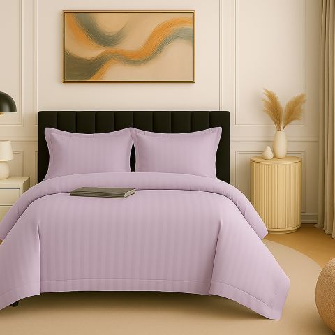 Lenjerie de pat dublu XXL Damasc Policoton dunga 1 cm, cearsaf pat 230x260 cm, pilota 200x230 cm, 4 piese Lila IMP8, Pucioasa