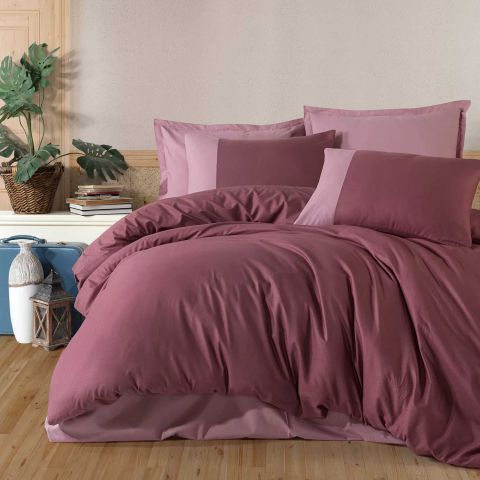 Lenjerie de pat dublu Bumbac Ranforce Boutique 4 piese, cearsaf pat 240x260 cm, pilota 200x220 cm, 2 fete perne 50x70 cm, Clasy Roz / Rosu PURE V4