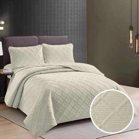 Cuvertura matlasata pat UNI 230x250 cm cu 2 fete perne 50x70 cm, model romb, Crem Deschis