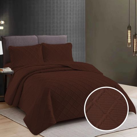 Cuvertura matlasata pat UNI 230x250 cm cu 2 fete perne 50x70 cm, model romb, Maro