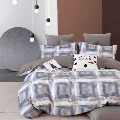 Lenjerie de pat o persoana Percalle imprimat Bumbac 100% 3 piese cearsaf pat 160x240 cm, pilota 150x220 cm, fata perna 50x70 cm, Eleganta Gri / Maro, Pucioasa