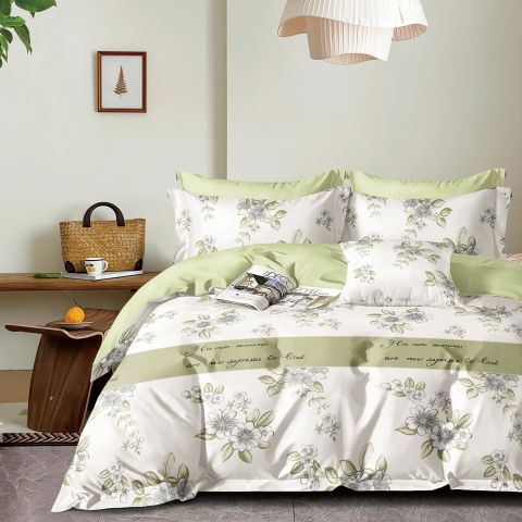 Lenjerie pat o persoana Percalle imprimat Bumbac 100%, 3 piese, cearsaf pat 160x240 cm, pilota 150x220 cm, fata perna 50x70 cm, Flori Alb / Verde, Pucioasa